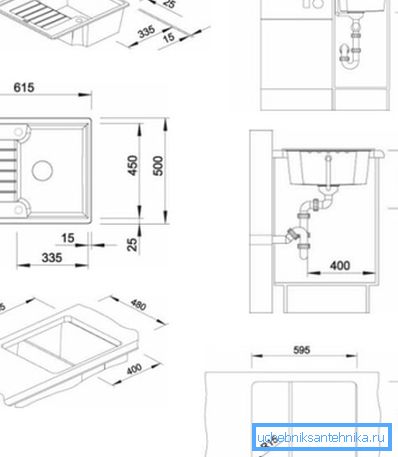 Dibujos de un fregadero con una indicación de su tamaño y principio de instalación, teniendo en cuenta todas las características de diseño. Dibujos de un fregadero con una indicación de su tamaño y principio de instalación, teniendo en cuenta todas las características de diseño.
