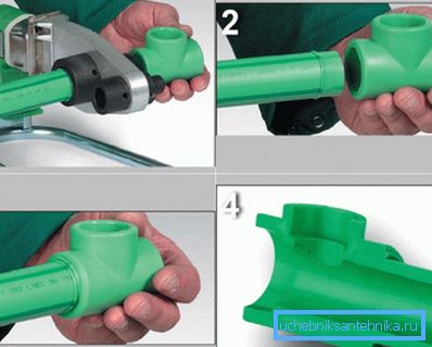 Las etapas de soldadura PP: 1) calentar la tubería y colocarla con un soldador eléctrico; 2, 3) acoplamiento; 4) sección de soldadura adecuada