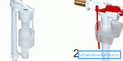 Válvulas de suministro de agua: 1 - inferior, 2 - alimentación lateral. Válvulas de suministro de agua: 1 - inferior, 2 - alimentación lateral.