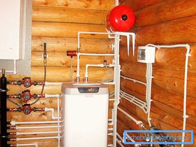Sala de calderas en una casa de madera con diferentes tipos de calderas. Sala de calderas en una casa de madera con diferentes tipos de calderas.