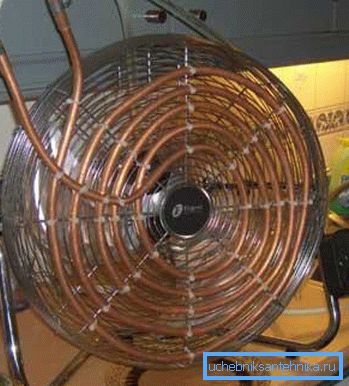 En la foto - fan coil hecho en casa de un ventilador y un tubo de cobre. En la foto - fan coil hecho en casa de un ventilador y un tubo de cobre.