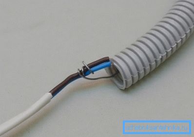 La foto muestra el método de sujetar el extremo del cable a la sonda de cable antes de apretar el manguito.