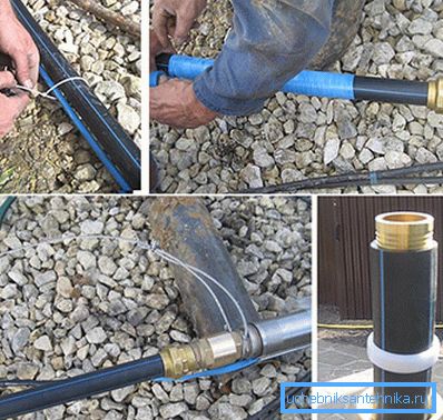 El proceso por fases de montaje de la bomba en la tubería con la fijación del cable El proceso por fases de montaje de la bomba en la tubería con la fijación del cable