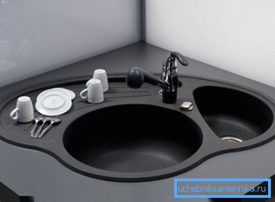 Solución conveniente para la cocina de la esquina, con dos tazones y una plataforma para secar platos. Solución conveniente para la cocina de la esquina, con dos tazones y una plataforma para secar platos.